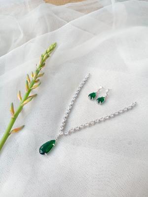 Modern Green Zircon Silver Plated Pendant Set – 3 Pcs