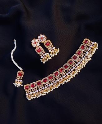 Luxury Gold Plated Bridal Set with Red and White Zircon – 3 Pcs Adjustable Design