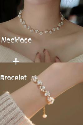 Elegant Beaded Gold Plated Pearl Necklace And Bracelet Set – 1 Pc
