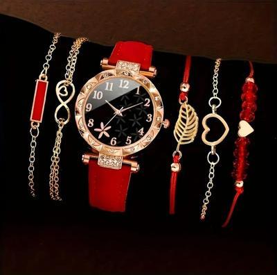 Women’s Red Leather Quartz Wristwatch – With Bracelet Set